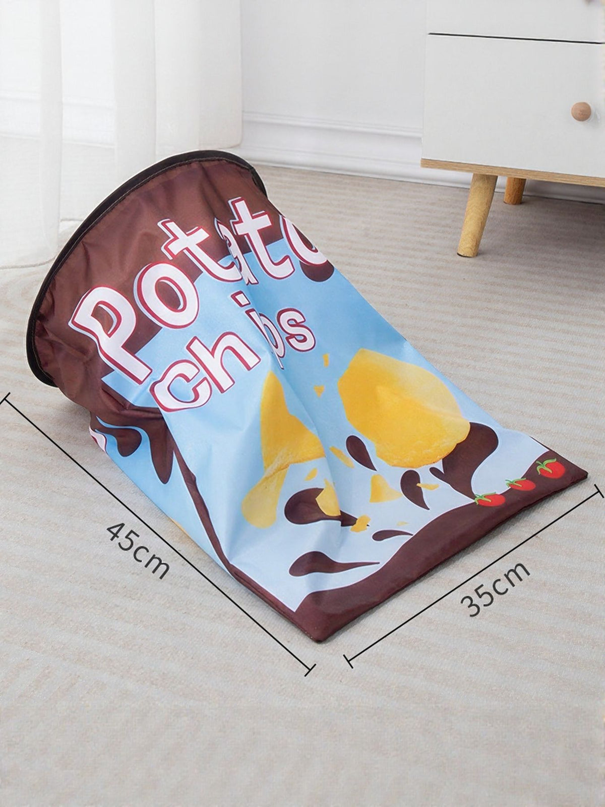 Brown snack-package-print cat tunnel with 45 by 35 centimeter dimensions.