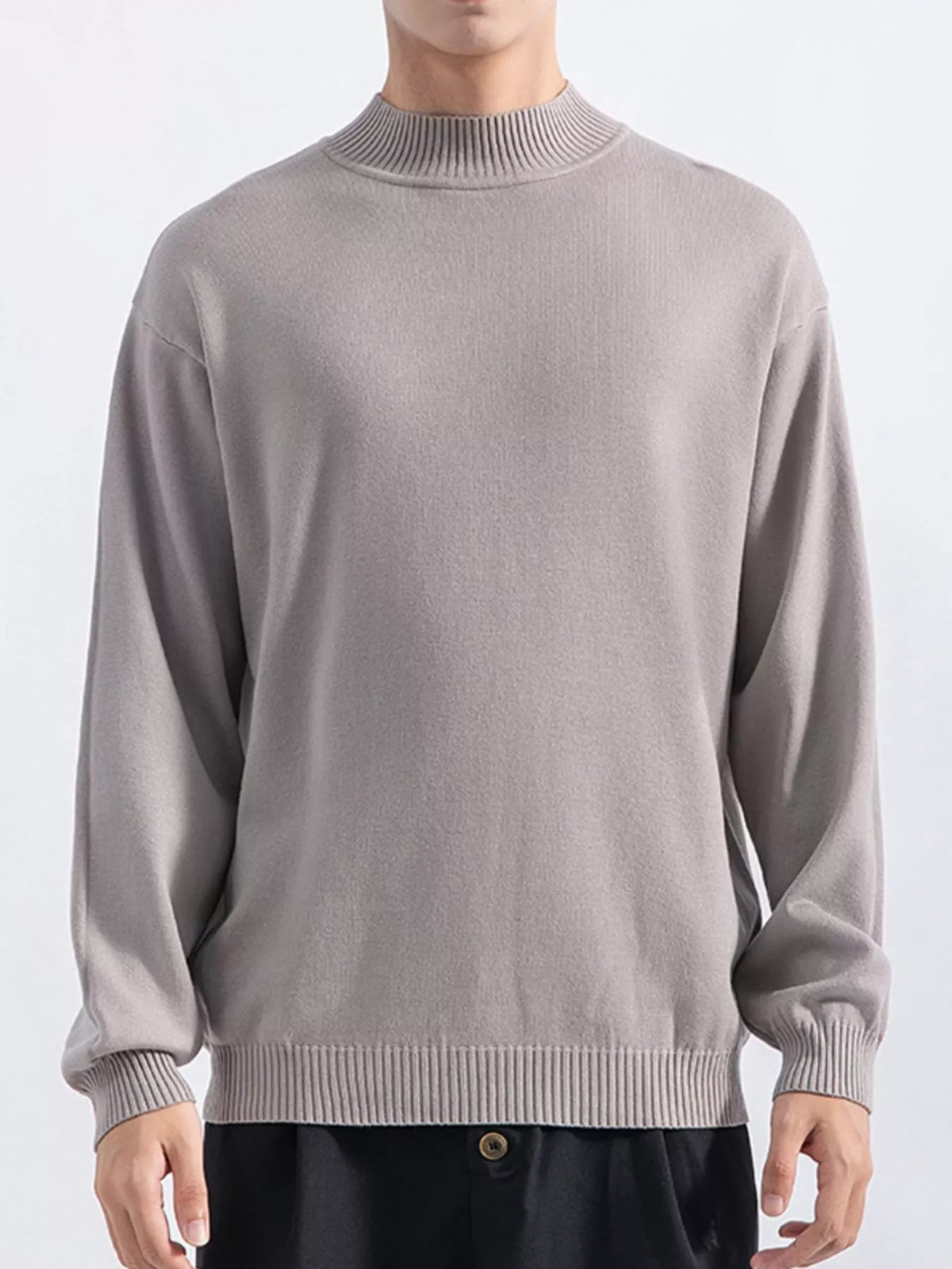 Men's Mocha minimalist mock-neck sweater, front view. Trousers are styling items and are not included.