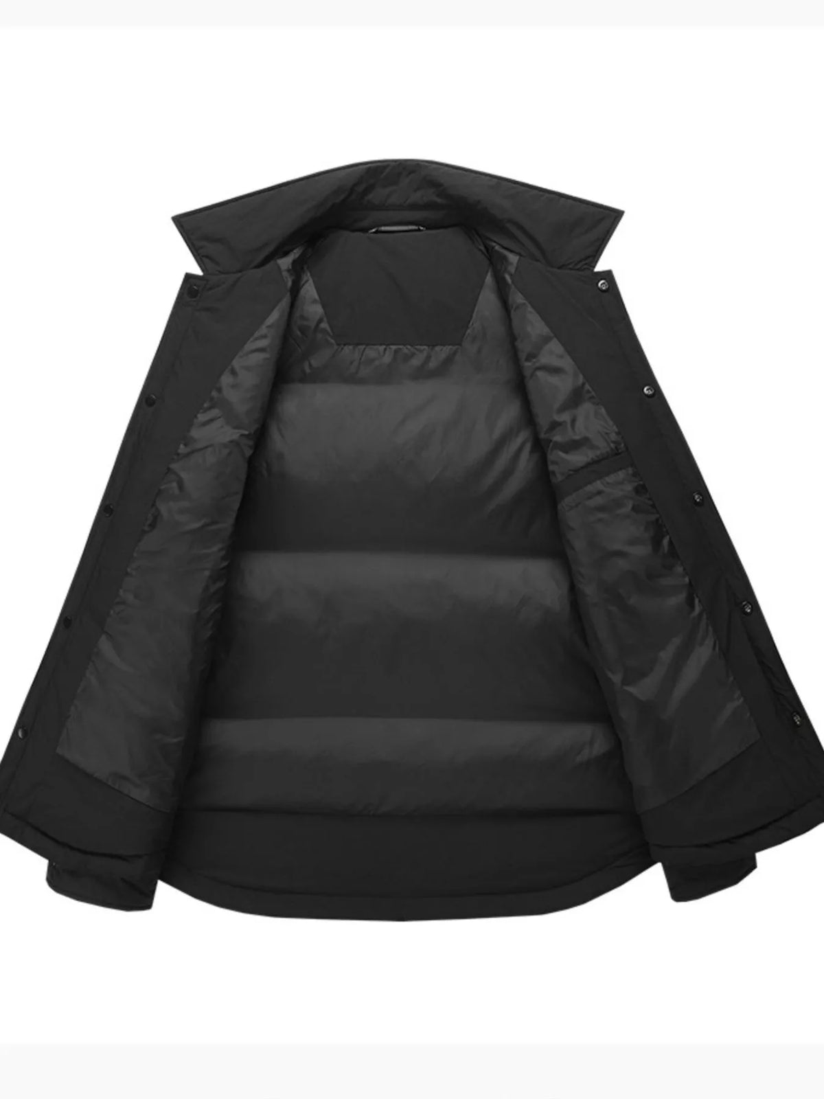 Black jacket opened to show the padded interior channels, inner pocket and snap fasteners.