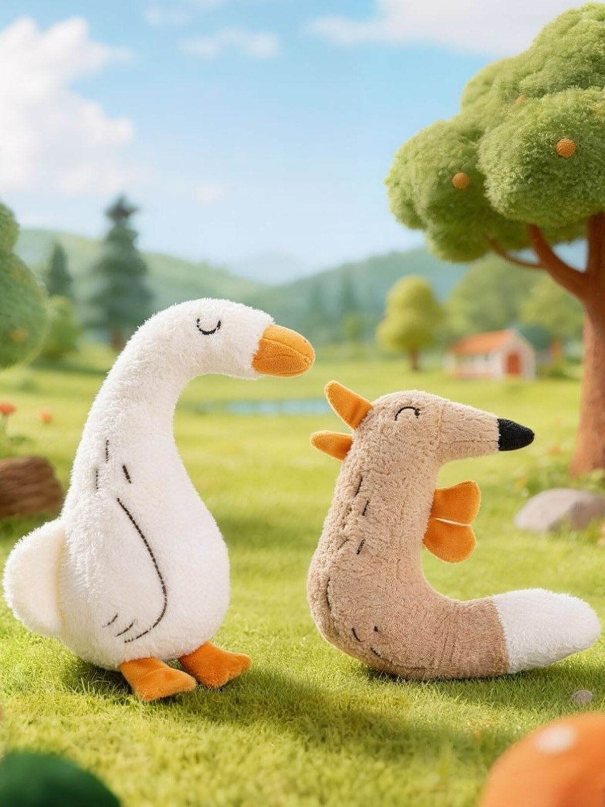 Duck and fox plush toy design options shown outdoors; one toy sold per selection