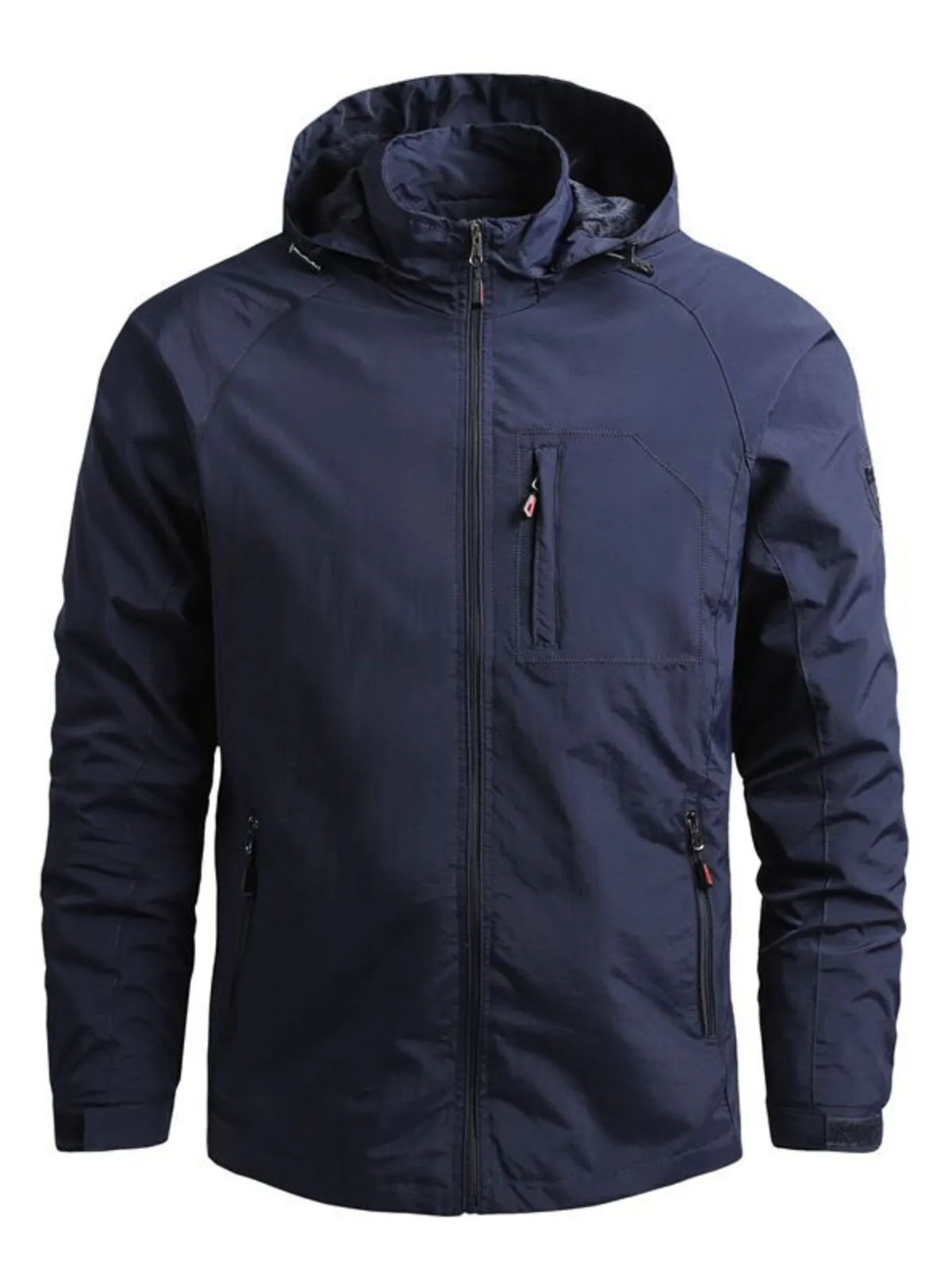 Dark blue hooded jacket, front view