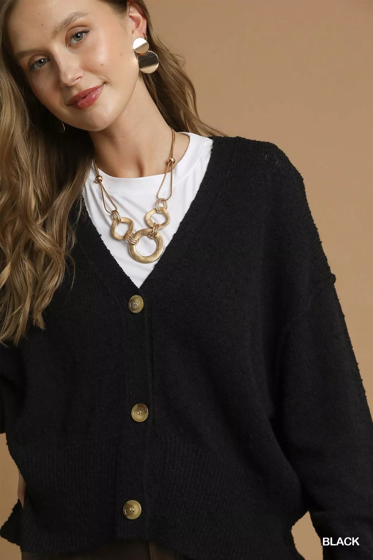 Close view of the Umgee black cardigan knit texture and gold-tone buttons