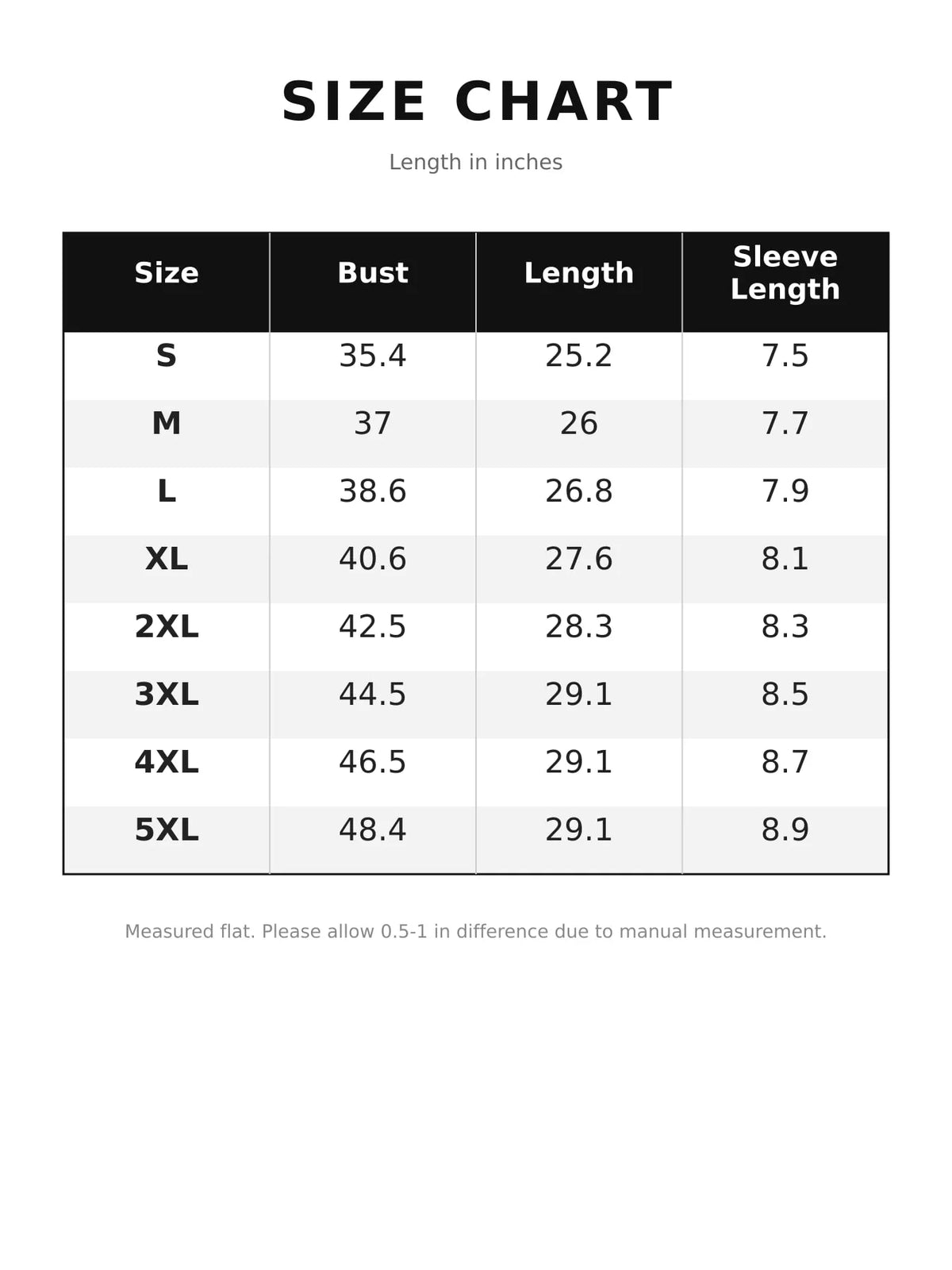 Supplier size chart for S–5XL, listing bust, top length and sleeve length in inches.