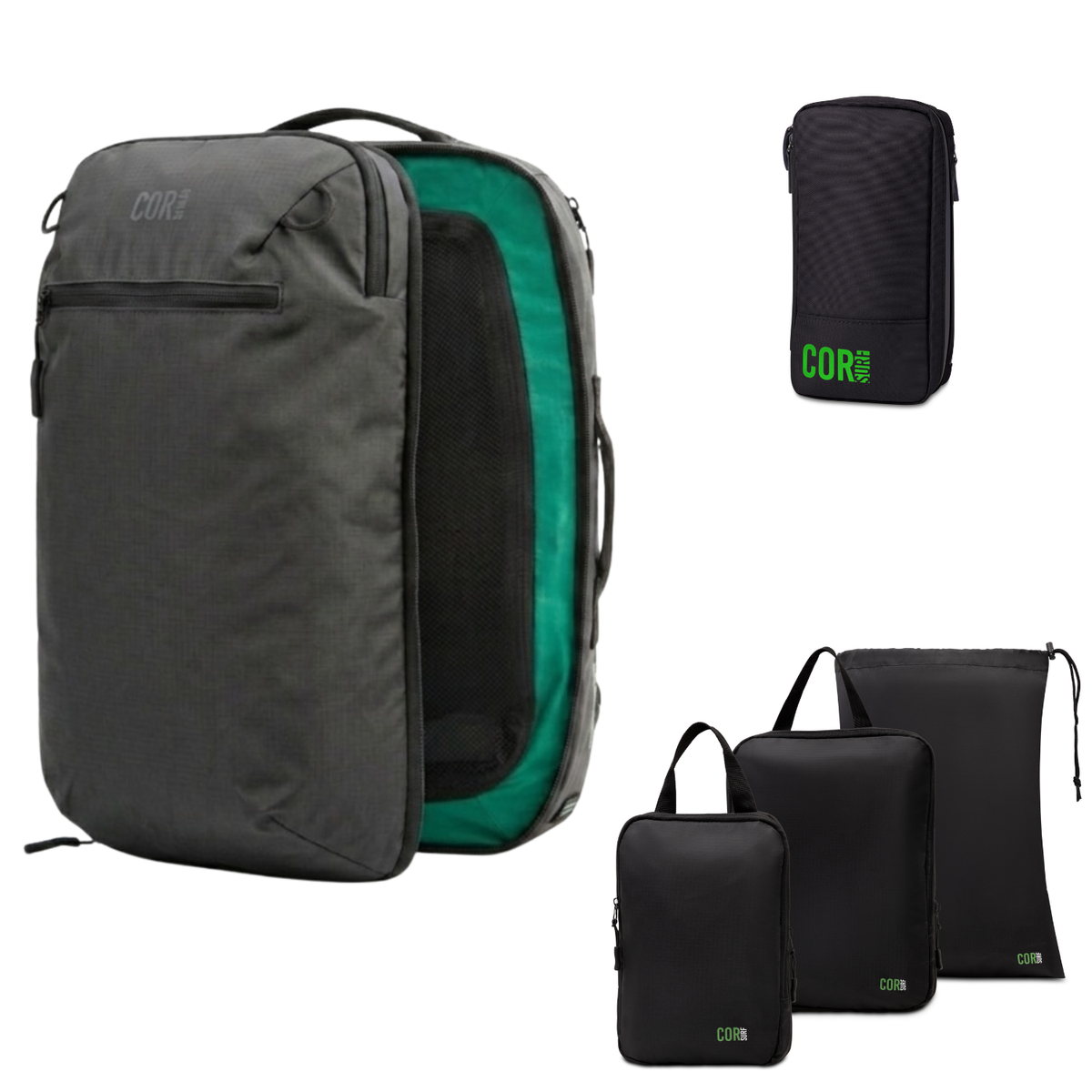 Dark COR Surf backpack with a black front zipper and teal-green interior, shown with black travel organizers.