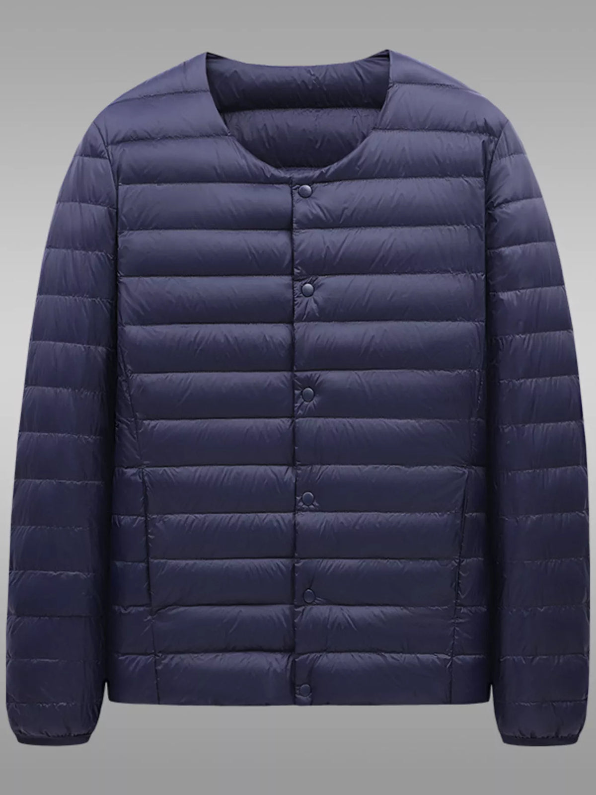 Navy snap-front quilted jacket, garment-only front view