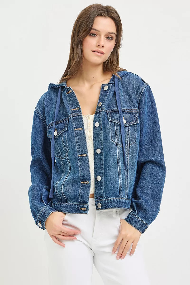 Front view of the RISEN hooded denim jacket worn open; other clothing is styling only