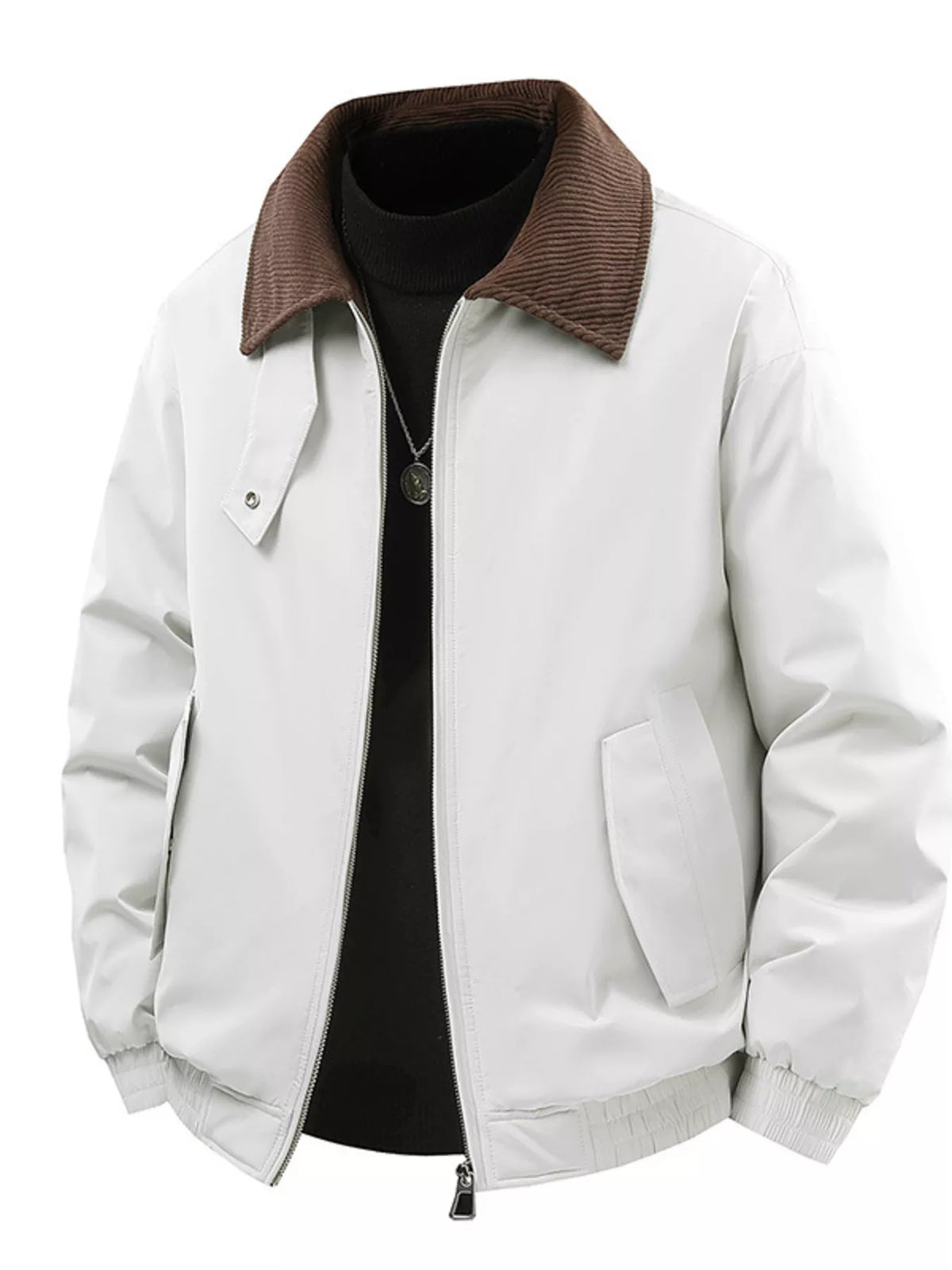 White zip-front jacket with contrasting brown corduroy collar, styled front view; underlayer and necklace not included