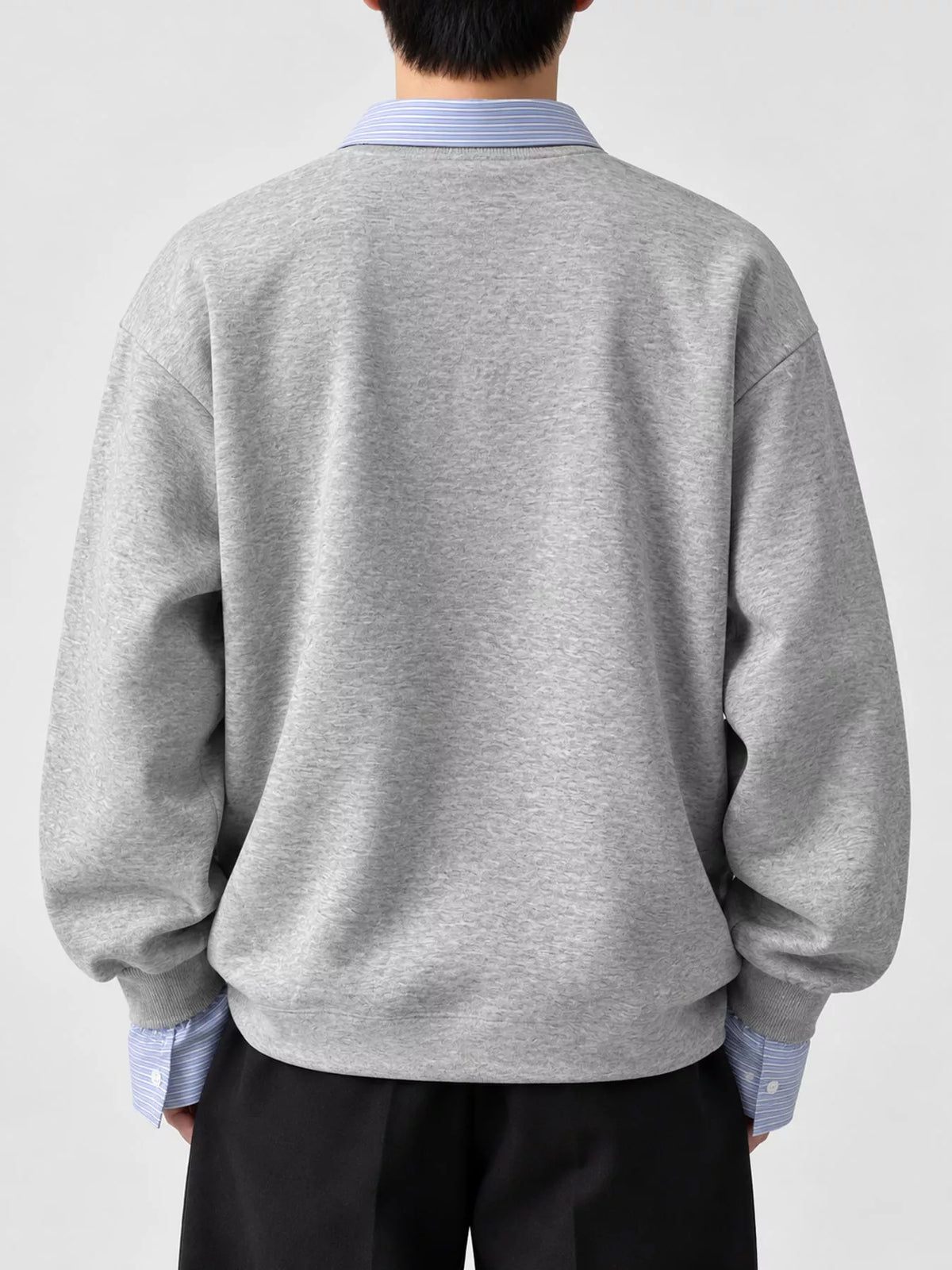 Back of the Gray layered-look sweatshirt with striped collar and cuffs