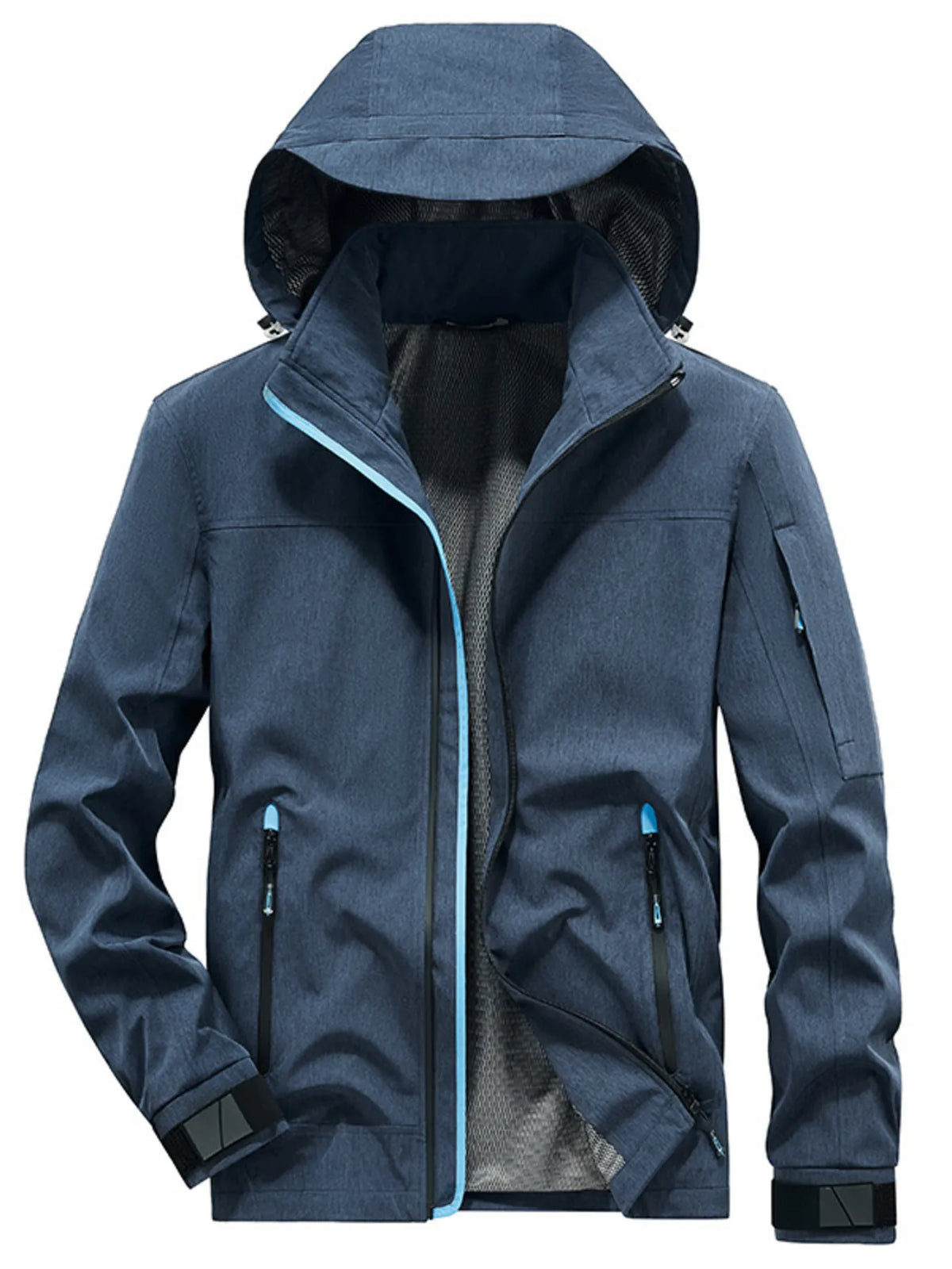 Close-up of a blue hooded zip jacket showing its mesh lining, blue zipper trim, and zippered pockets.