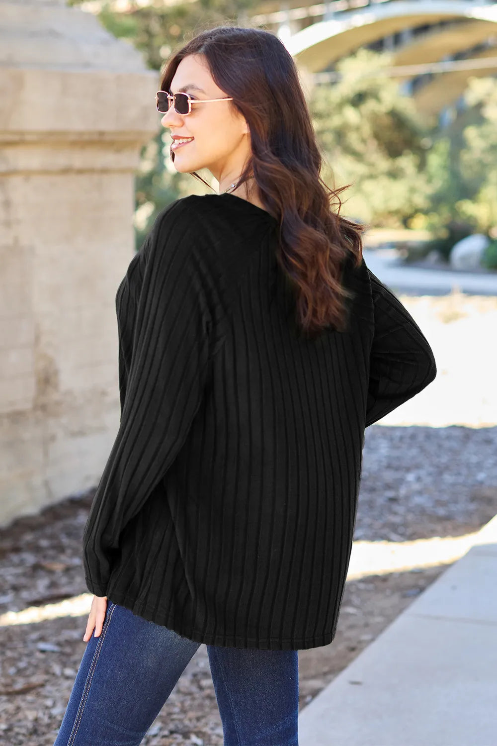 Basic Bae opaque ribbed long-sleeve knit top in Black, back view