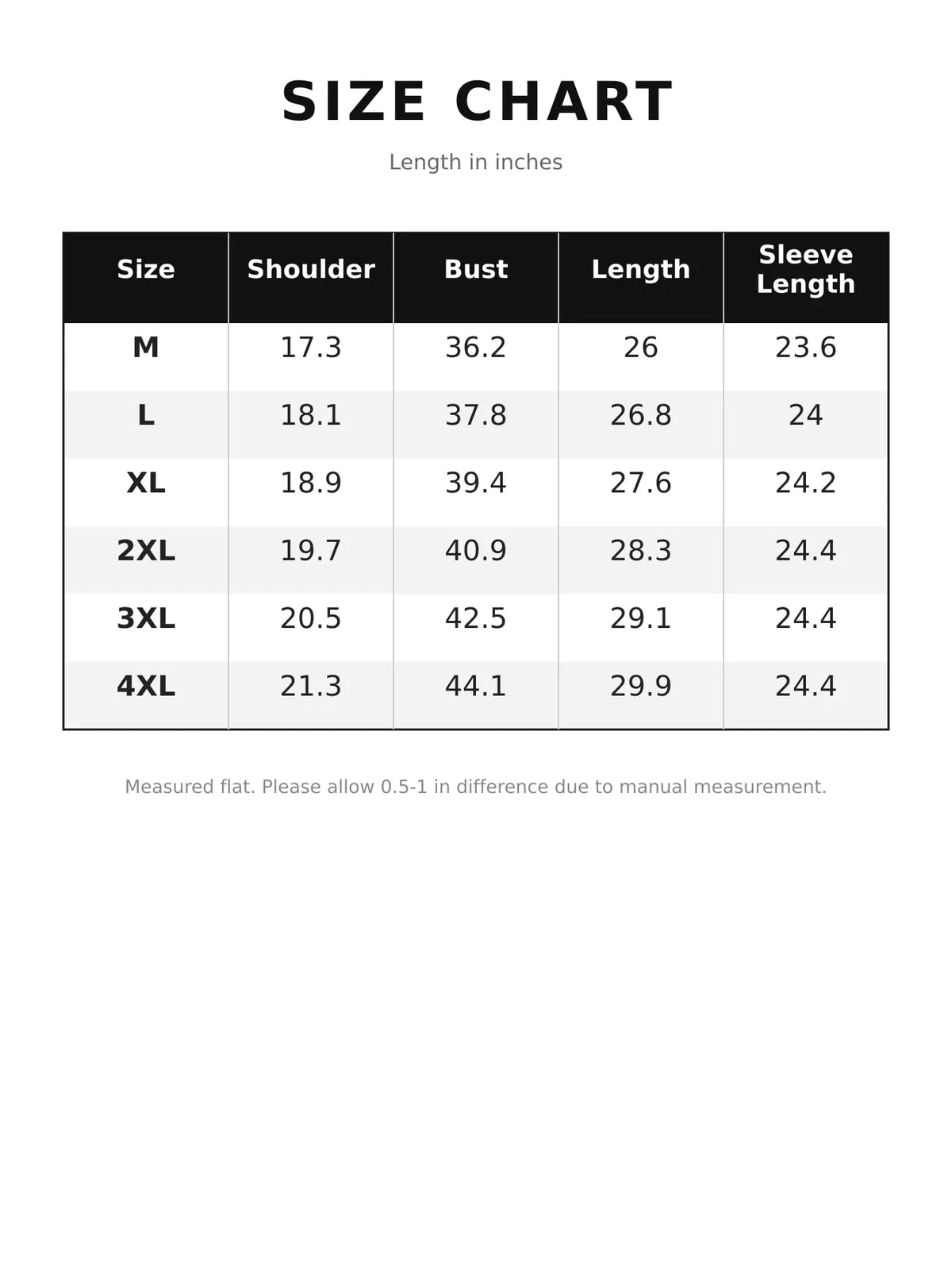 Supplier size chart for the men's cotton long-sleeve tee, with garment measurements in inches for M–4XL.