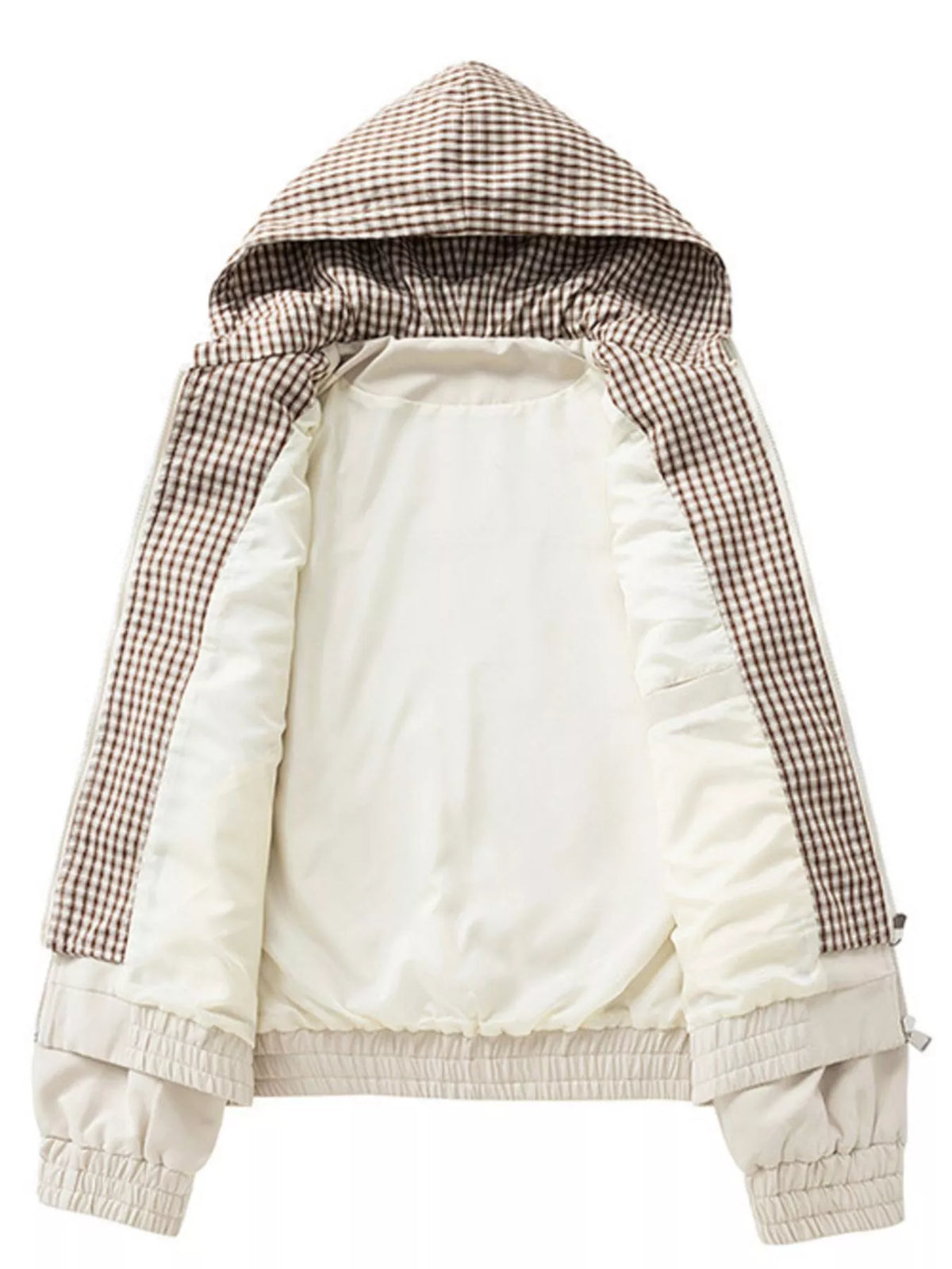 Apricot jacket held open to show its plain body lining and checked hood lining.