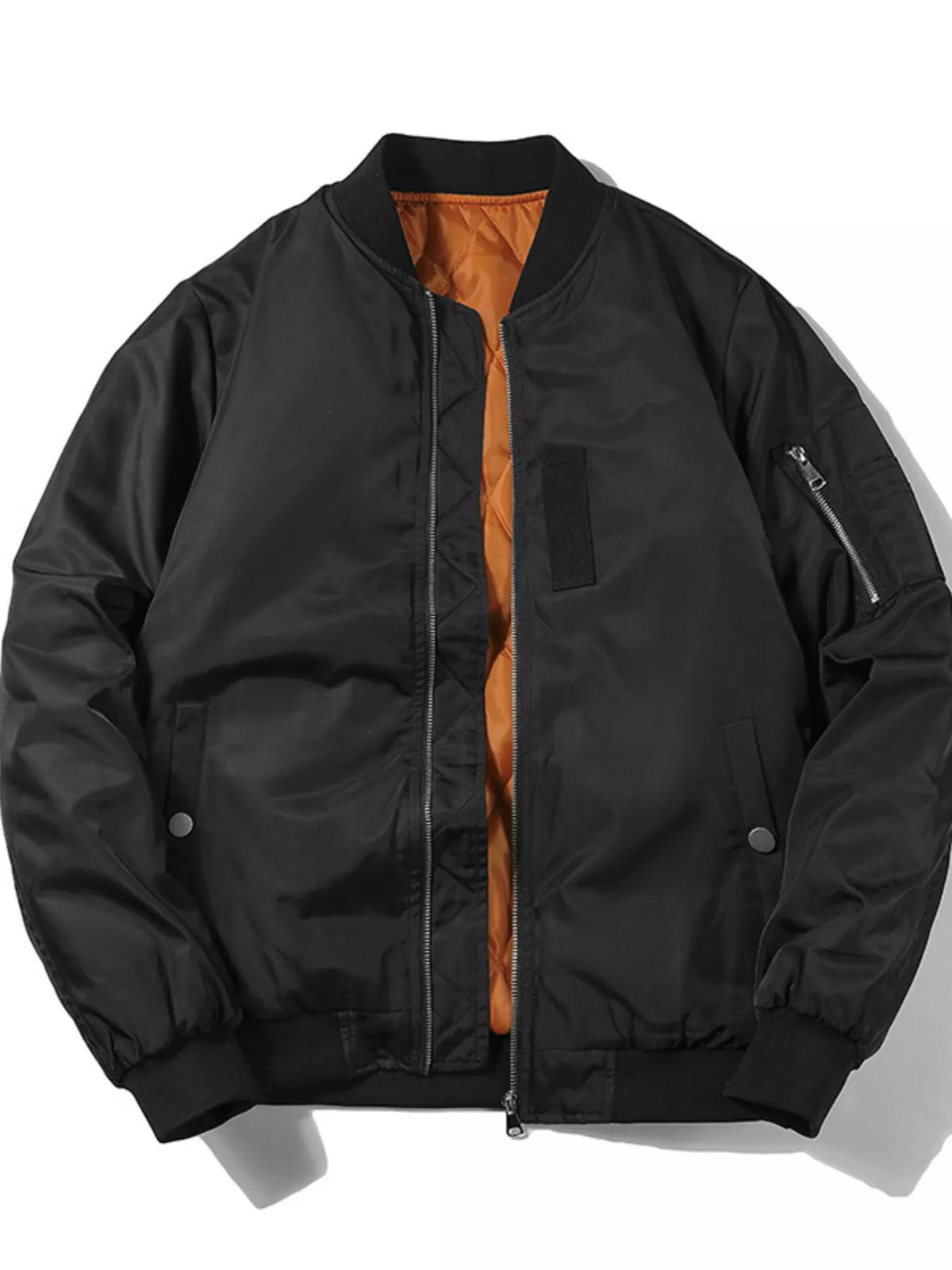 Black bomber jacket shown on its own from the front, partially open to show the orange interior.
