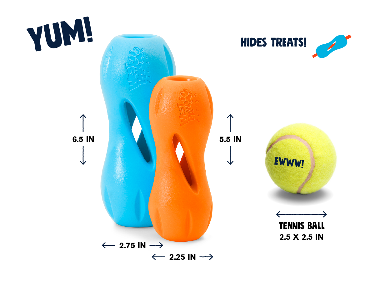 West Paw Qwizl size comparison: Large is 6.5 inches and Small is 5.5 inches; tennis ball shown for scale only and is not included.