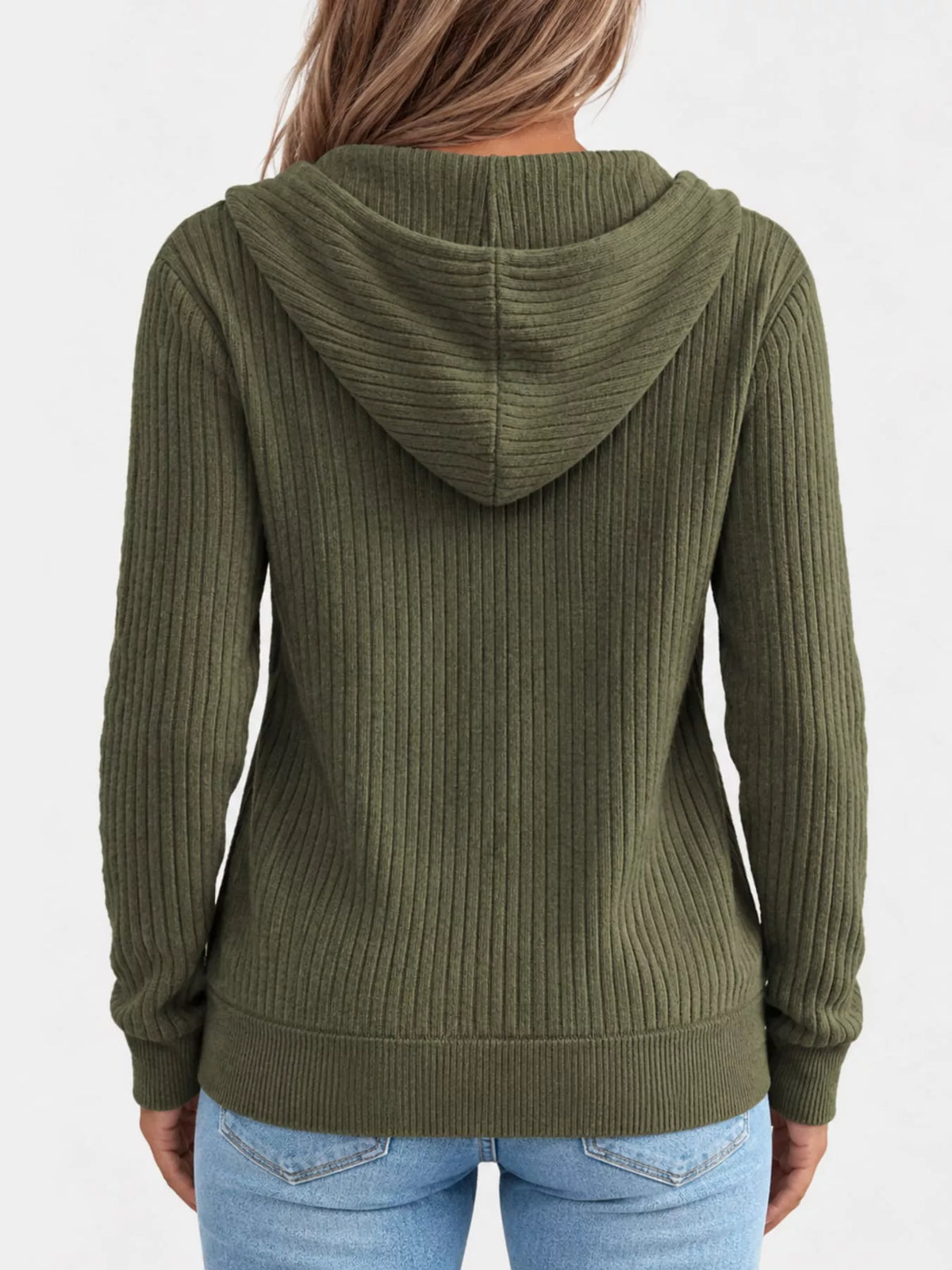 Back view of the olive green ribbed zip-front hooded cardigan with long sleeves.