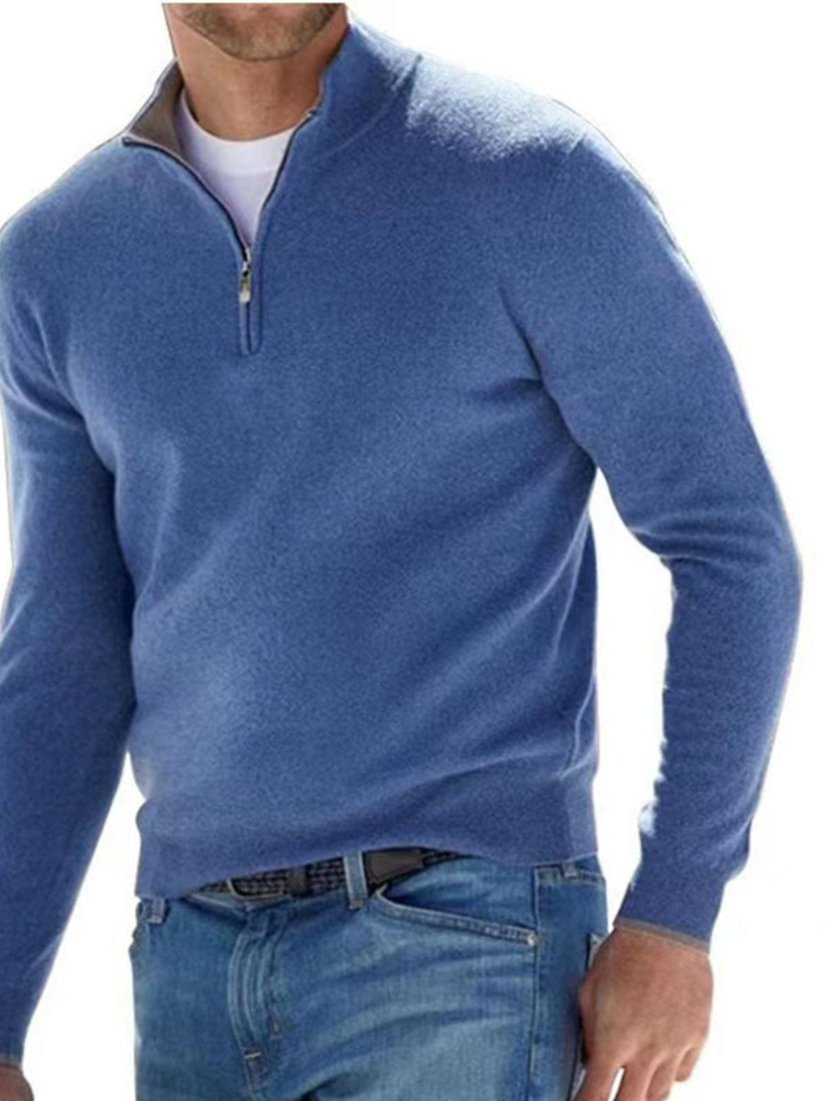Men's Royal Blue quarter-zip long-sleeve sweater, front view; sweater only.