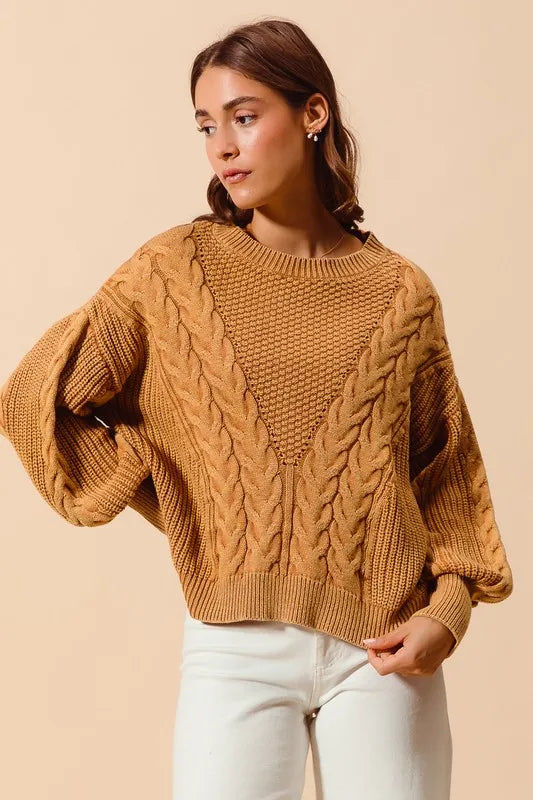 Vintage Camel cable-knit sweater, angled front view showing cable texture