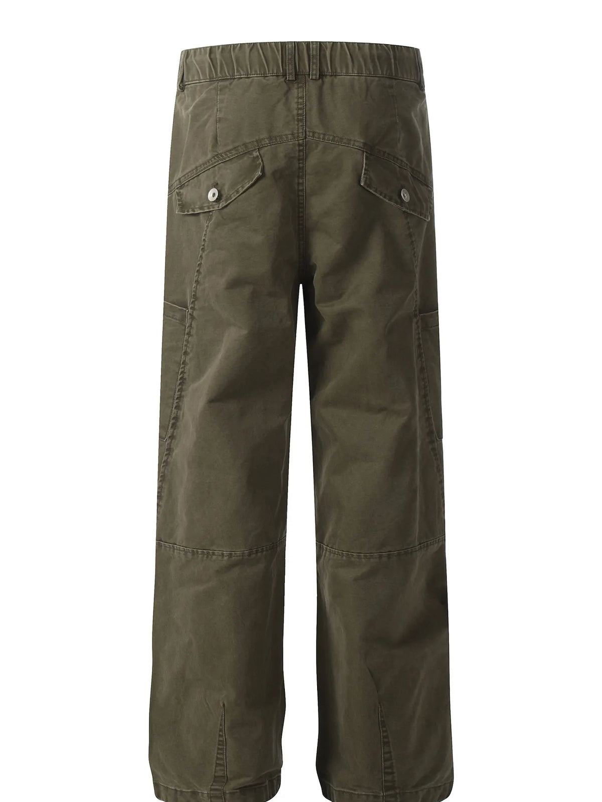 Garment-only rear view of green cargo trousers with buttoned flap pockets and seam detailing.