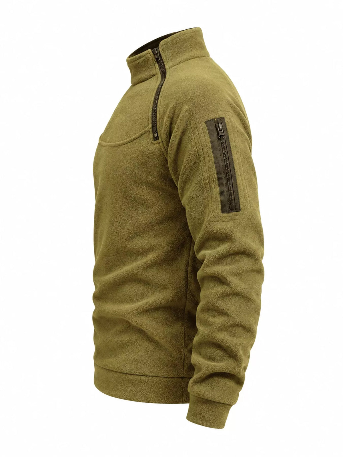 Yellow-Green men's fleece sweatshirt with stand collar, two angled neckline zips and a zippered sleeve pocket, side product view. One sweatshirt only.