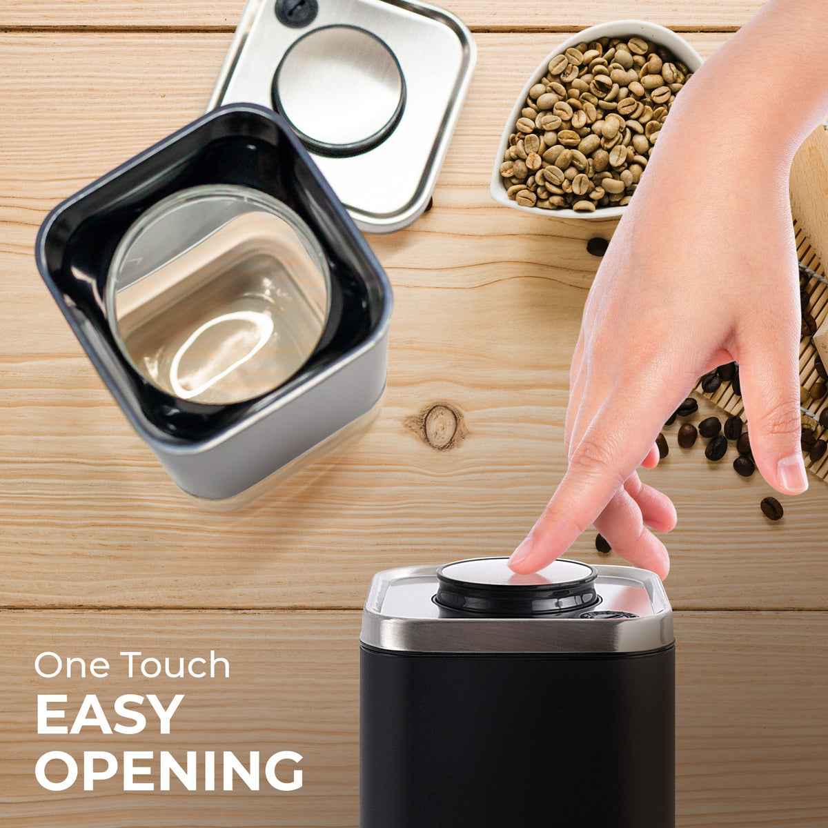 KF3022S canister with its lid removed and the opening-button mechanism shown; food is not included.