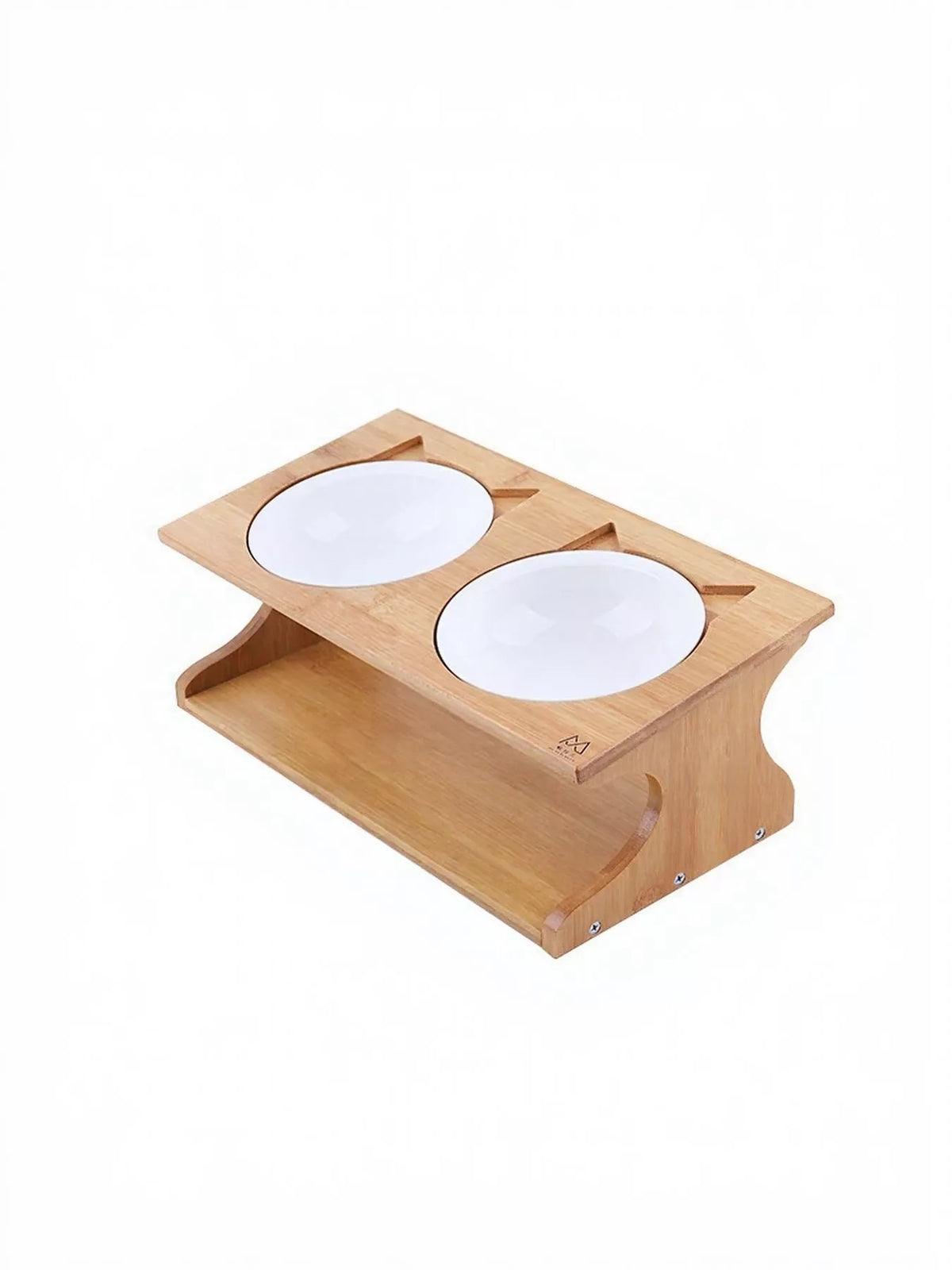 Elevated feeding set showing two white ceramic bowls and the wooden stand, with no props.