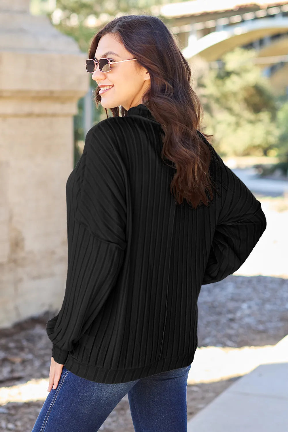 Basic Bae ribbed mock-neck long-sleeve knit top in Black, back view; top only.