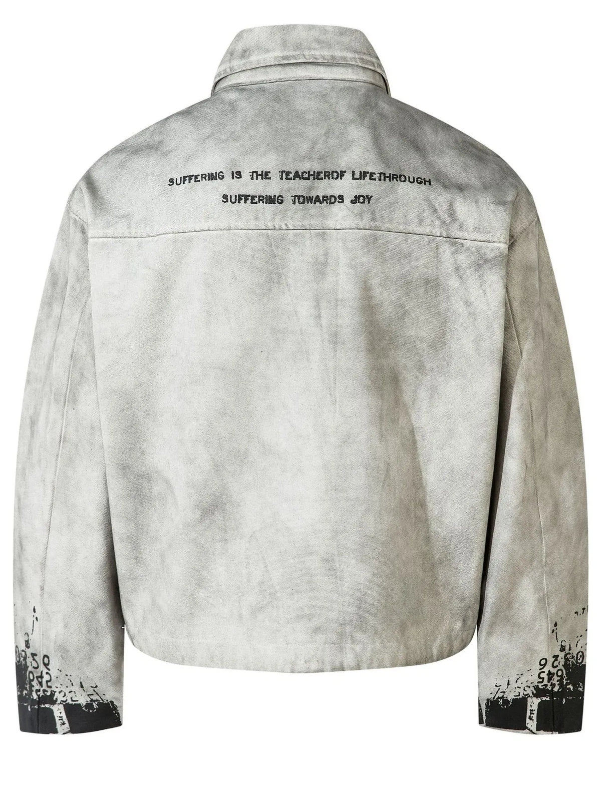 White and grey-toned jacket, rear view with small upper-back wording and black cuff graphics