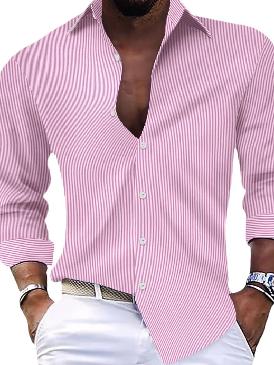 Pink men's striped button-up long-sleeve shirt shown on a model against a white background. Shirt only; trousers, belt, watch and jewelry are not included.