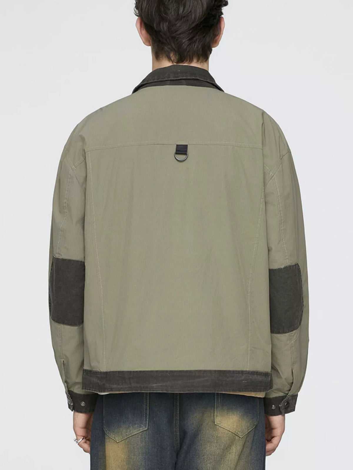 Men's olive green jacket back with contrast collar, cuffs, hem and elbow patches