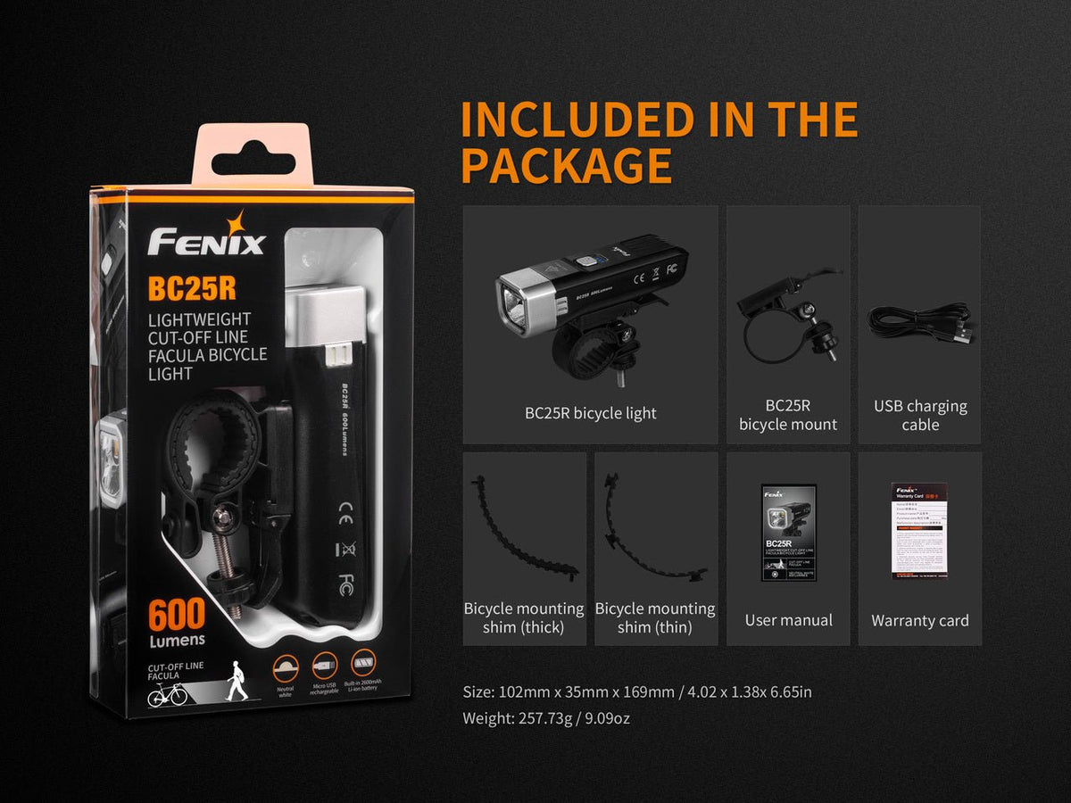 Fenix BC25R manufacturer graphic showing the included components