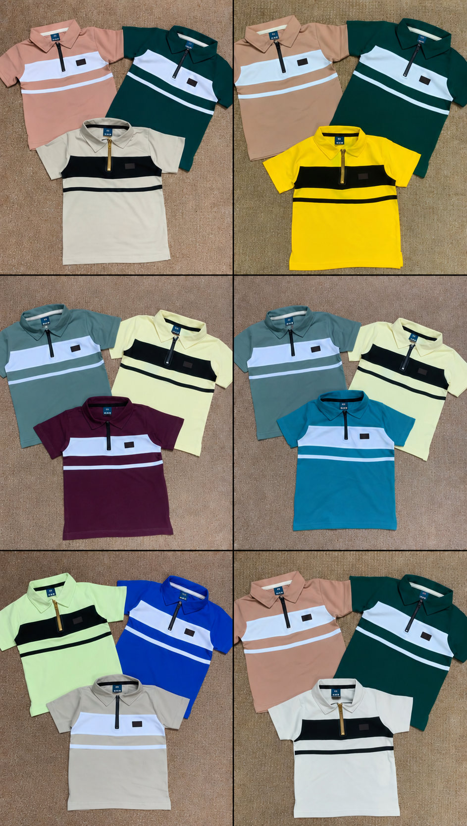 Photo assortment of boys’ short-sleeve striped polo shirts with zip plackets