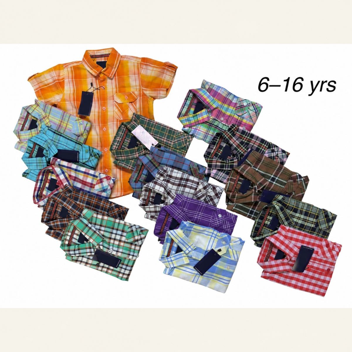 Short-sleeve button-front check shirts shown in thirteen color combinations.