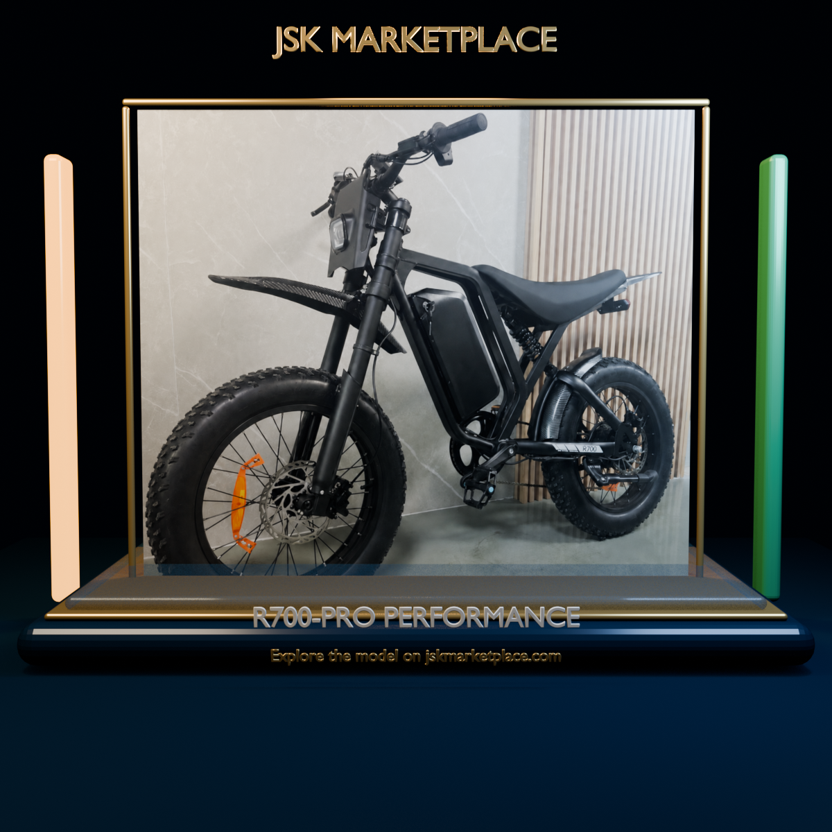 R700-PRO Performance electric bike displayed in a JSK Marketplace Liquid Glass showroom