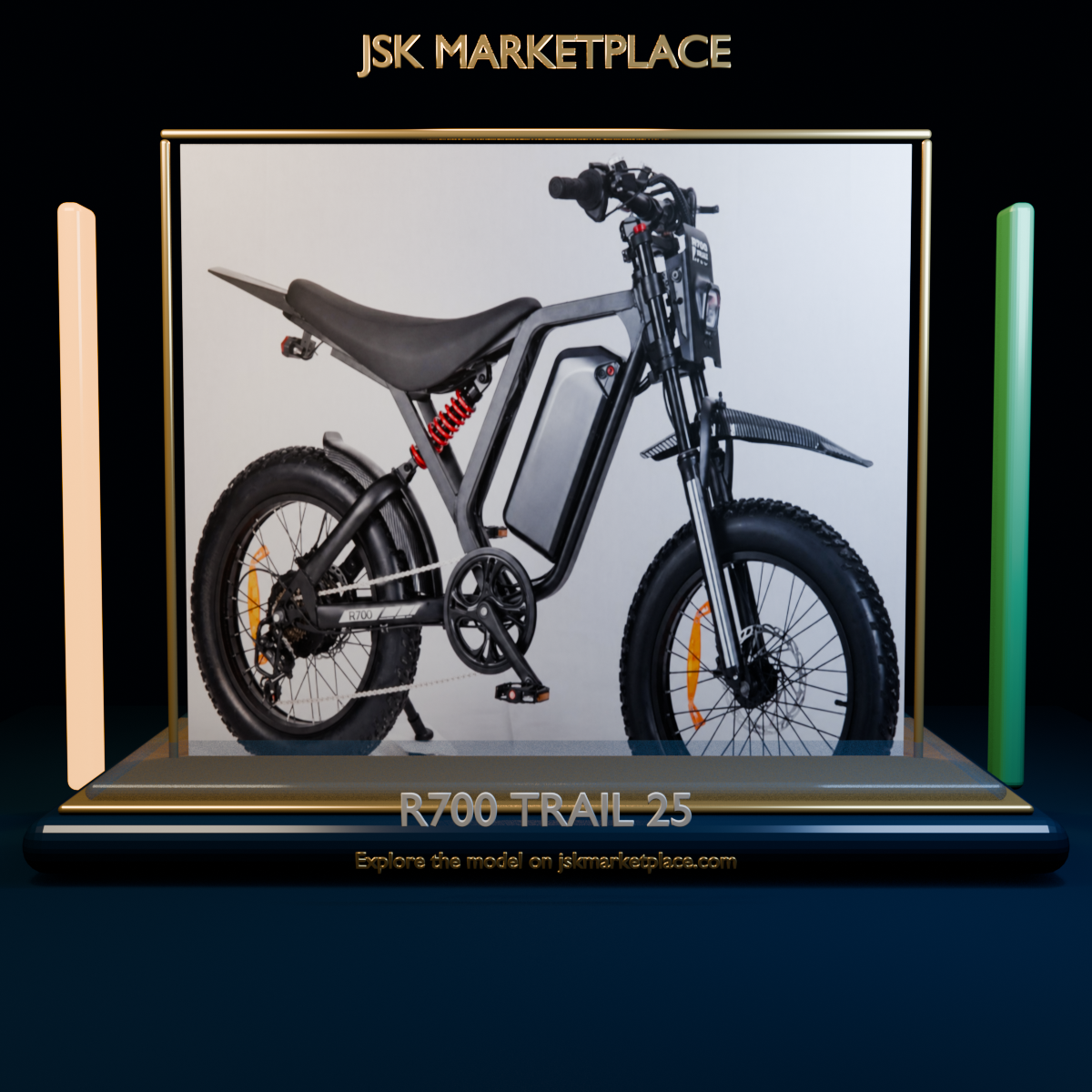 R700 Trail 25 electric bike displayed in a JSK Marketplace Liquid Glass showroom