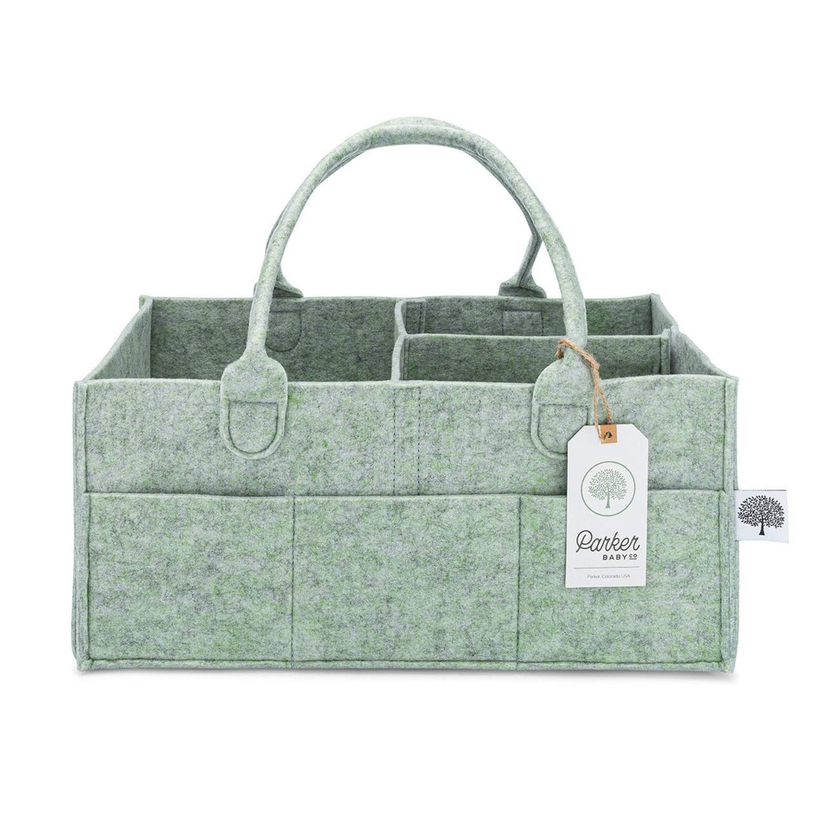 Empty Large Sage Green felt diaper caddy with removable divider and carry handles.