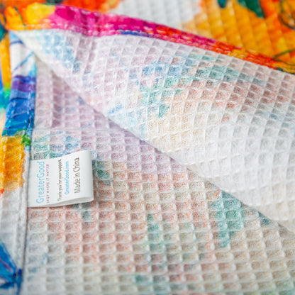 Close-up of the cotton waffle weave on the Dragonflies towel.