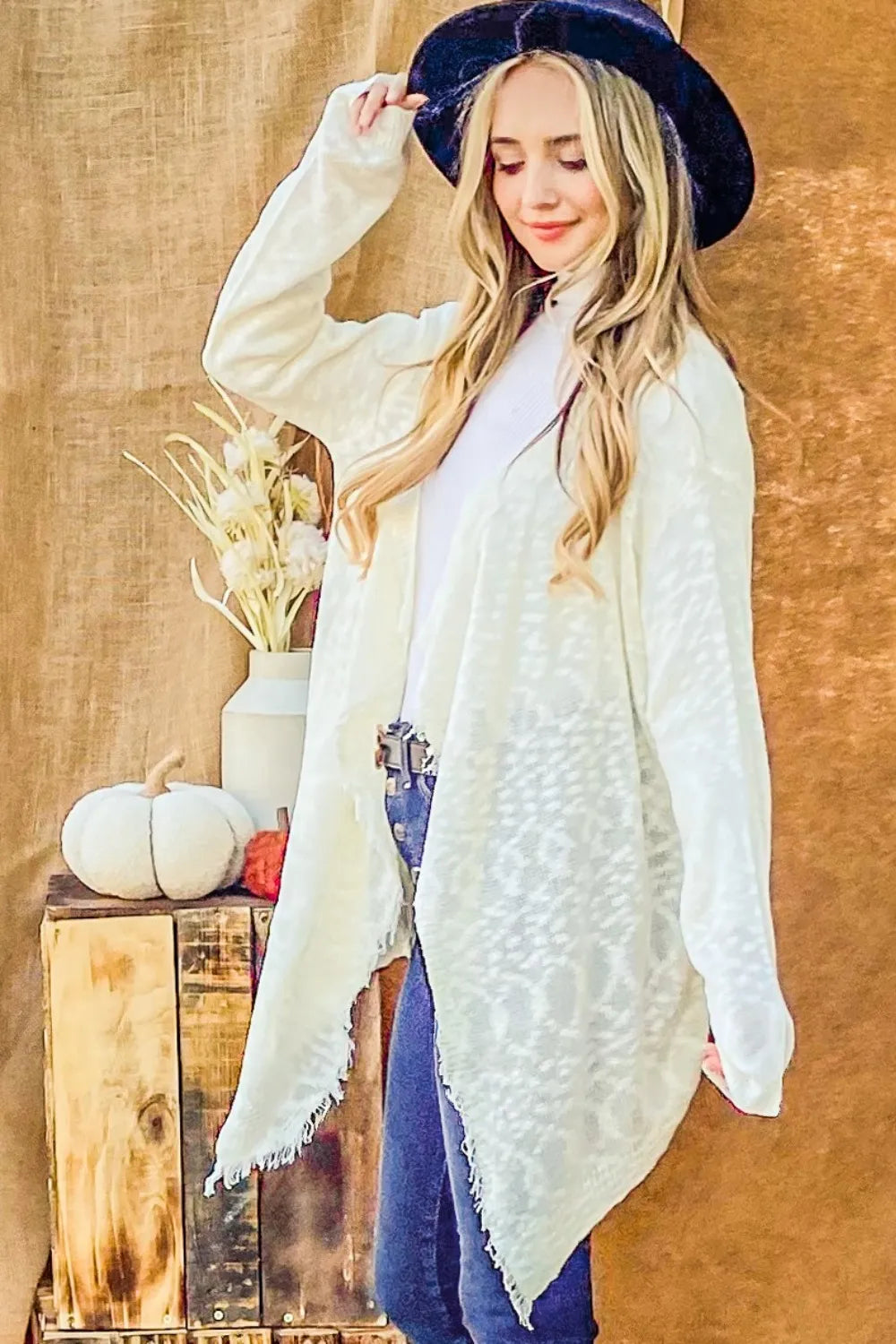 Ivory And The Why textured knit fringe-hem cardigan — open-front side view