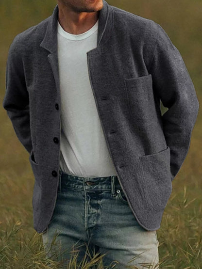 Dark Gray men's textured button-up jacket with patch pockets, shown over a separate T-shirt and jeans.