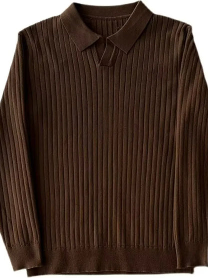 Brown long-sleeve ribbed polo laid flat, full front view; polo shirt only.