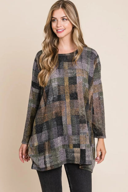 Front styling view of the BOMBOM plaid round-neck top
