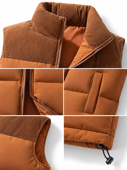 Caramel men's corduroy-panel puffer vest, detail collage view. One vest is sold.