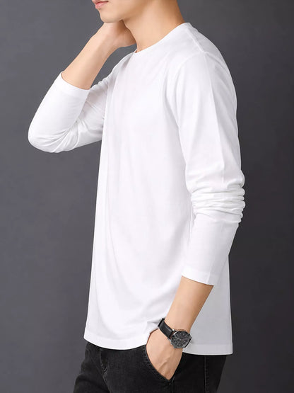 White men's cotton long-sleeve crewneck tee, side view.