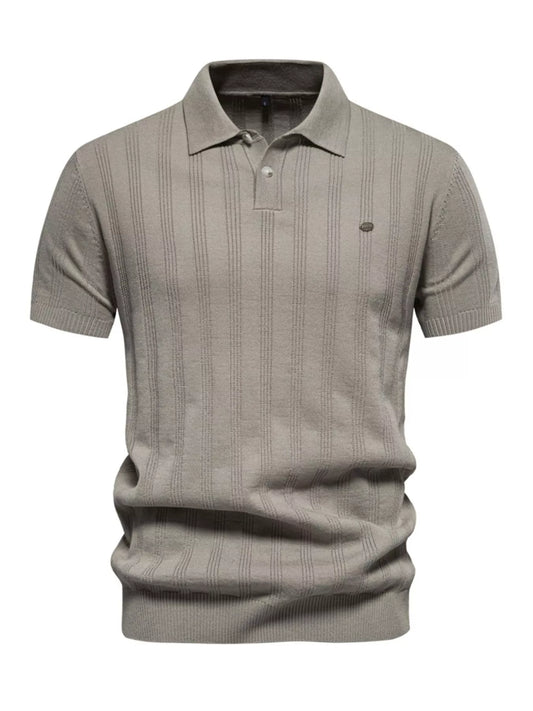Khaki short-sleeve textured knit polo, front view