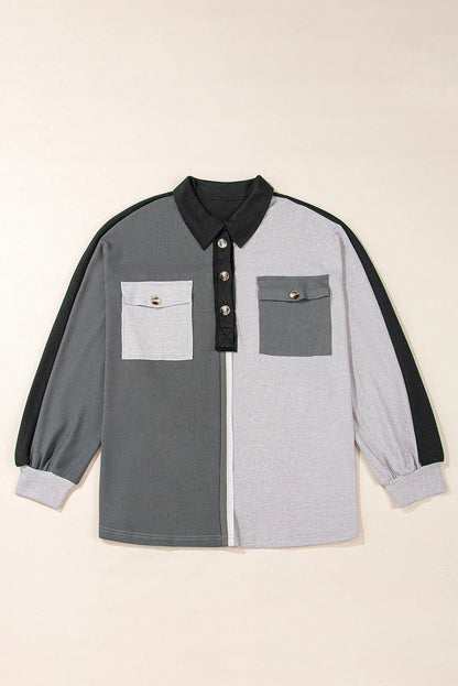 Front flatlay of the dark-gray colorblock long-sleeve sweatshirt with collar, button placket and two chest pockets