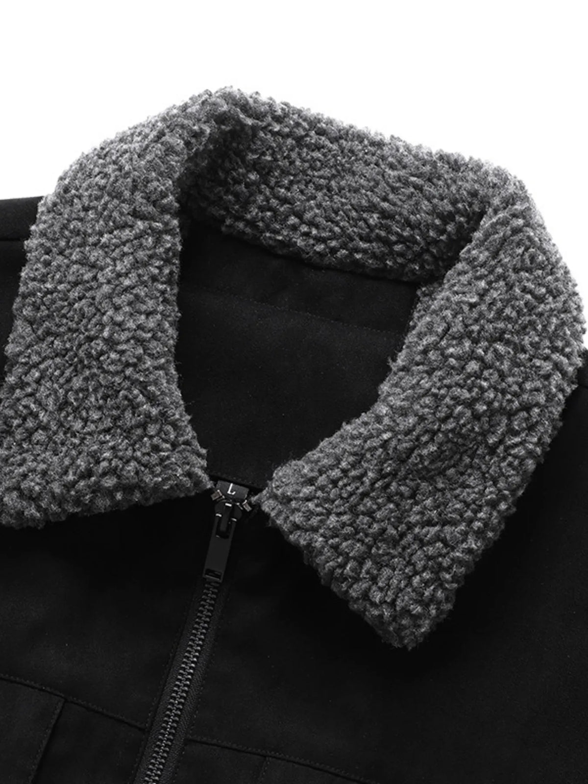 Close-up of the Black jacket's plush collar and front zipper.