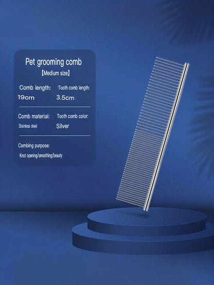 Medium stainless-steel pet comb with supplier dimensions: 19 cm long and 3.5 cm teeth.