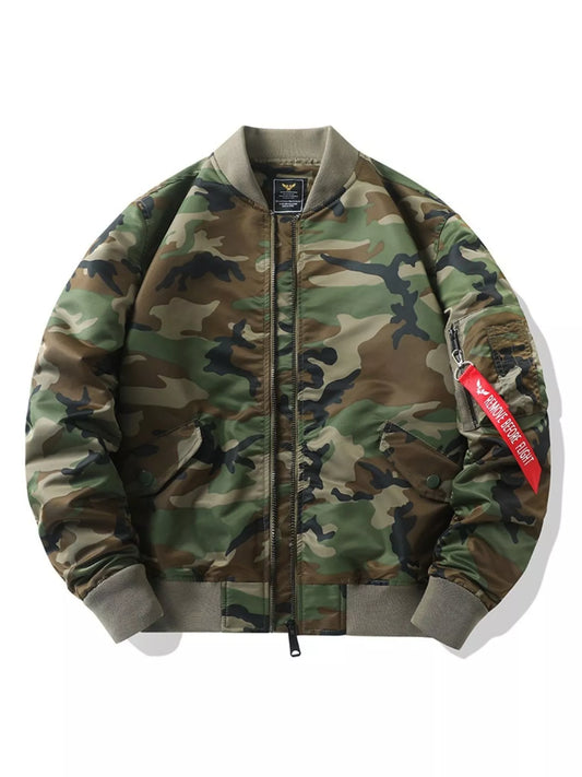Men's camouflage bomber jacket with zip front and ribbed trim, garment-only front view