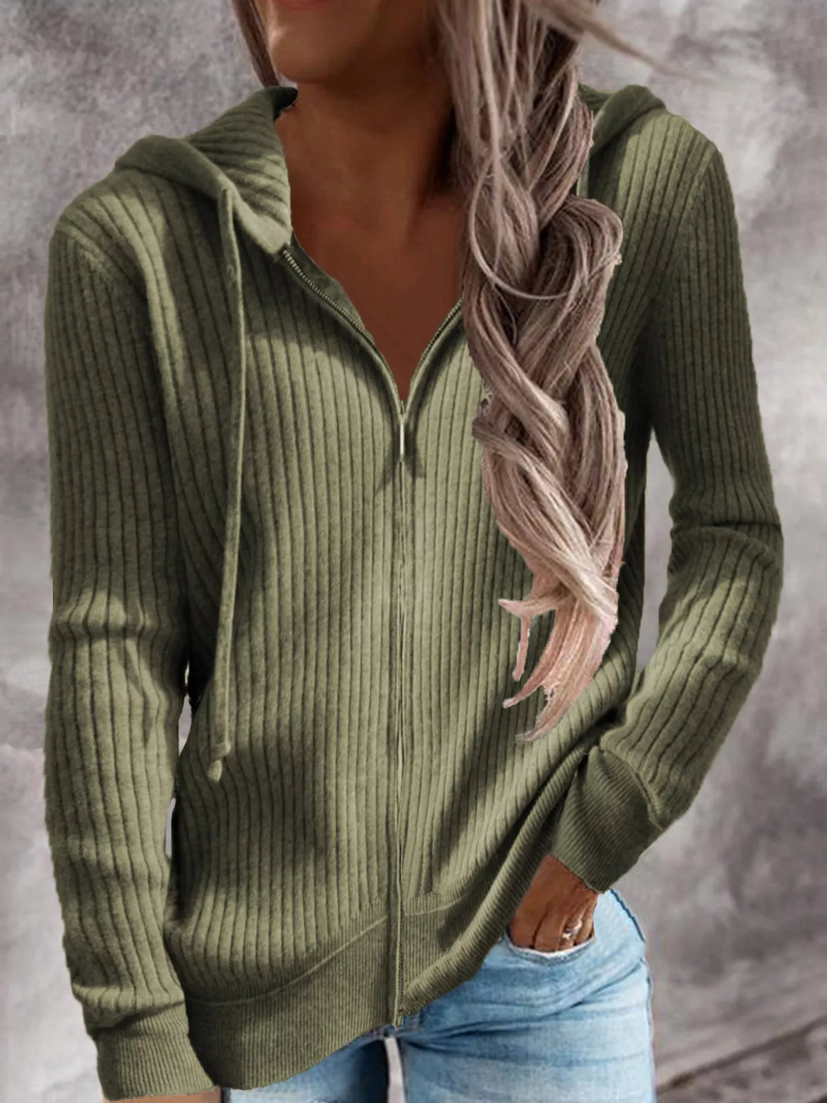 Front or angled view of the olive green ribbed zip-front hooded cardigan with long sleeves.