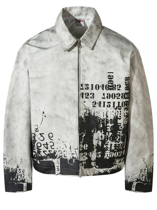 White and grey-toned collared zip-front jacket with black typographic graphics, front view