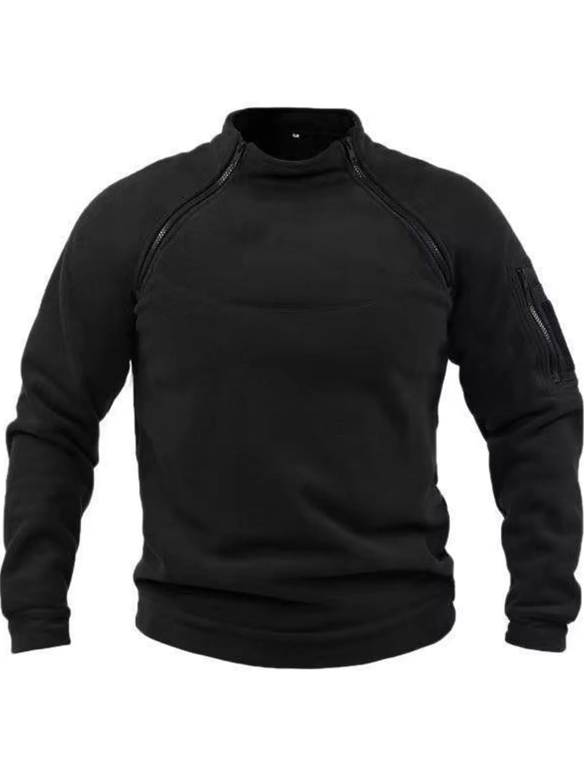 Black men's fleece sweatshirt with stand collar, two angled neckline zips and a zippered sleeve pocket, front product view. One sweatshirt only.